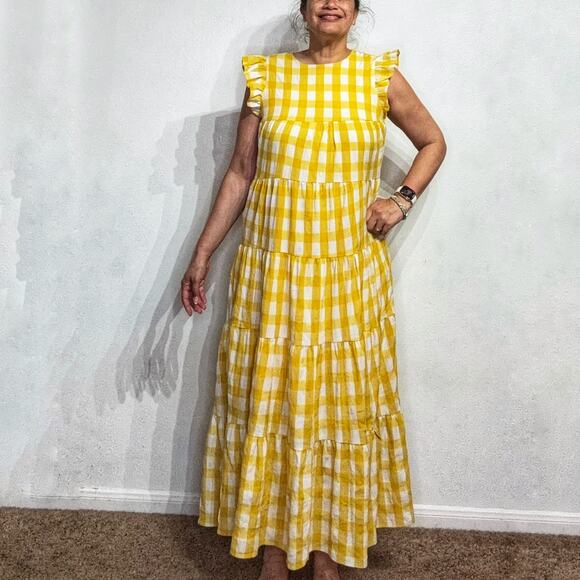 English Factory Yellow Textured Gingham Tiered Baby Doll Maxi Dress Sz M - Picture 1 of 12